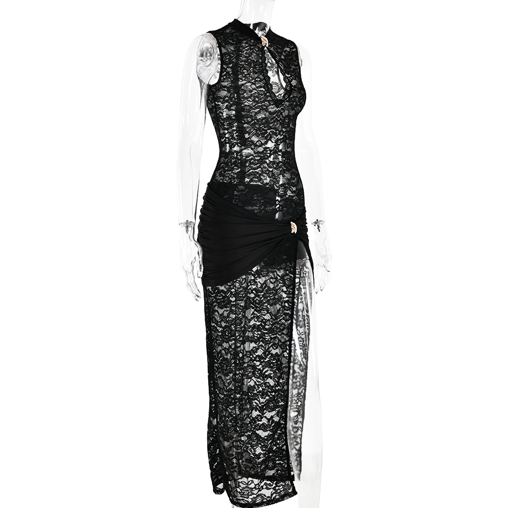  Sexy Hollow Out High Slit Lace Women Maxi Dress Black See Through Evening Dress Female Autumn New Elegant Party Clubwear