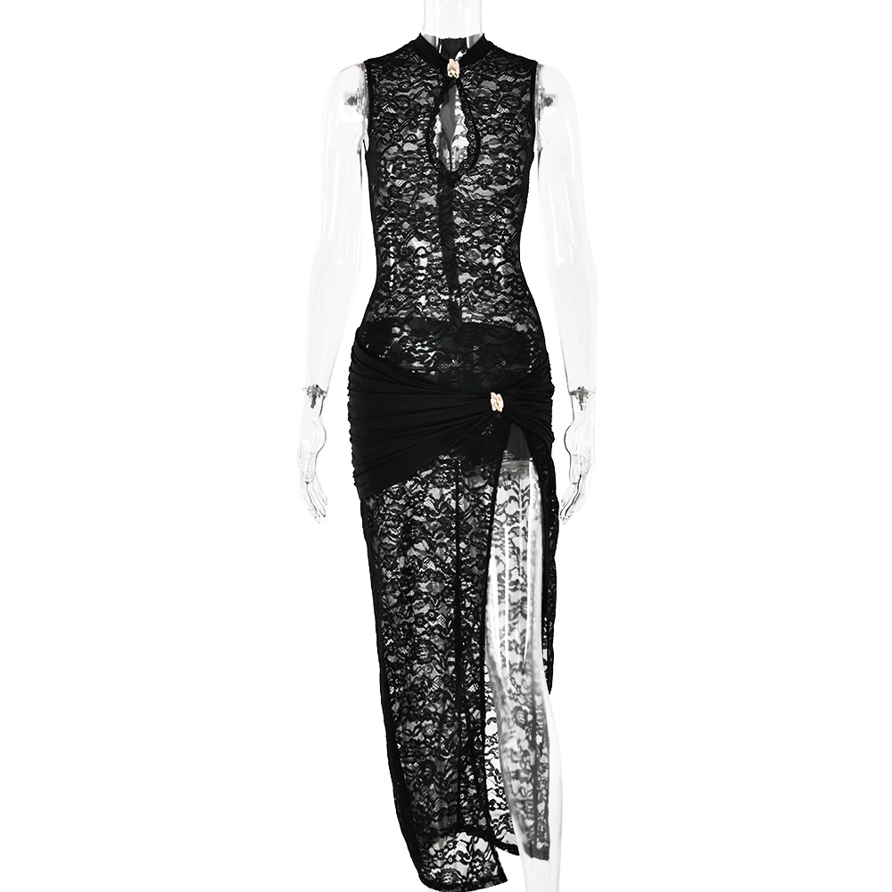  Sexy Hollow Out High Slit Lace Women Maxi Dress Black See Through Evening Dress Female Autumn New Elegant Party Clubwear