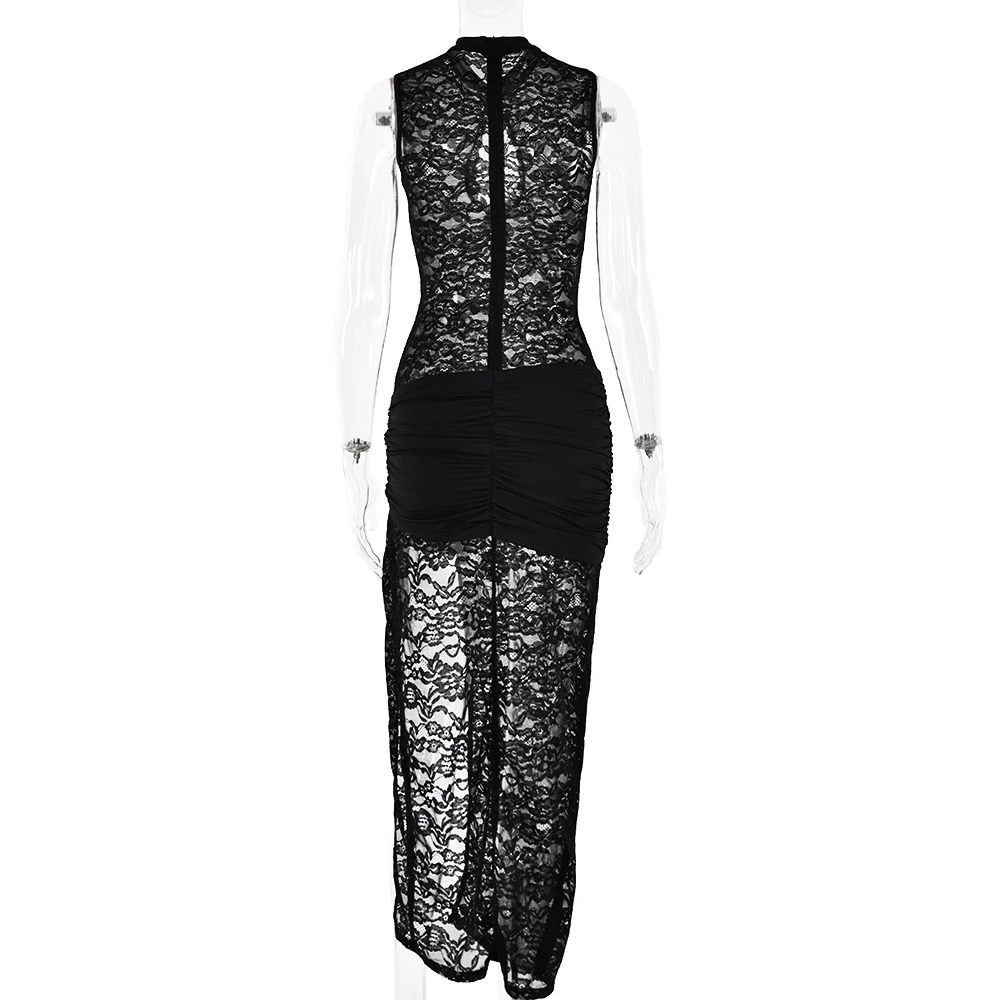  Sexy Hollow Out High Slit Lace Women Maxi Dress Black See Through Evening Dress Female Autumn New Elegant Party Clubwear