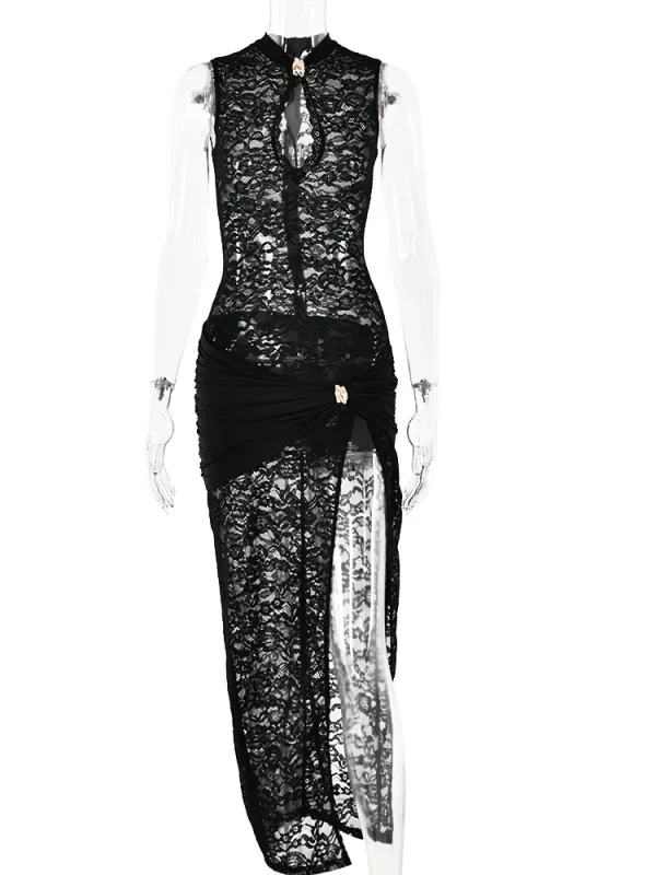 Black Sexy Hollow Out High Slit Maxi Dress - Image 6