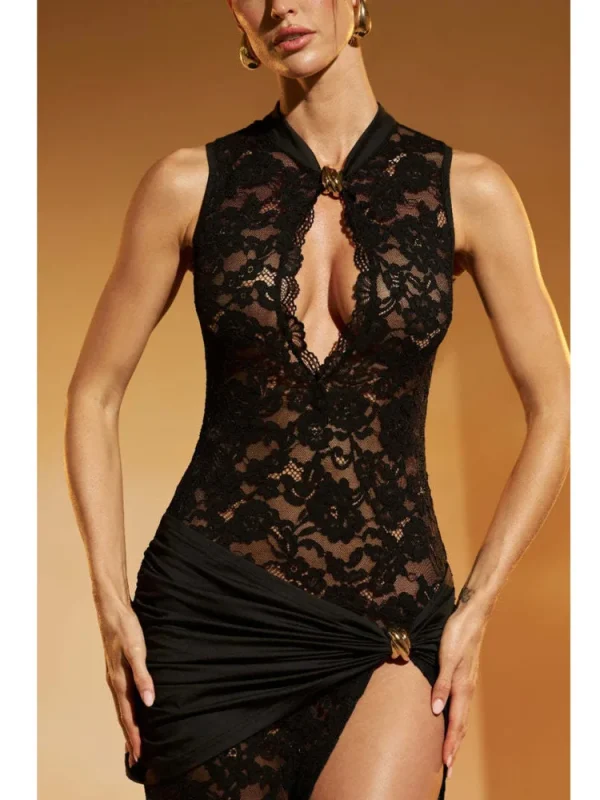 Black Sexy Hollow Out High Slit Maxi Dress - Image 3