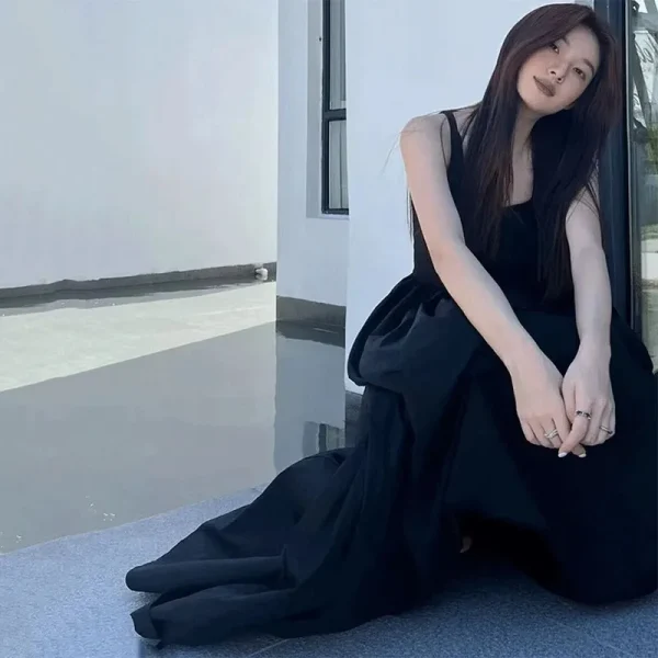 Black White Strapless Sleeveless Long Dress - Image 3