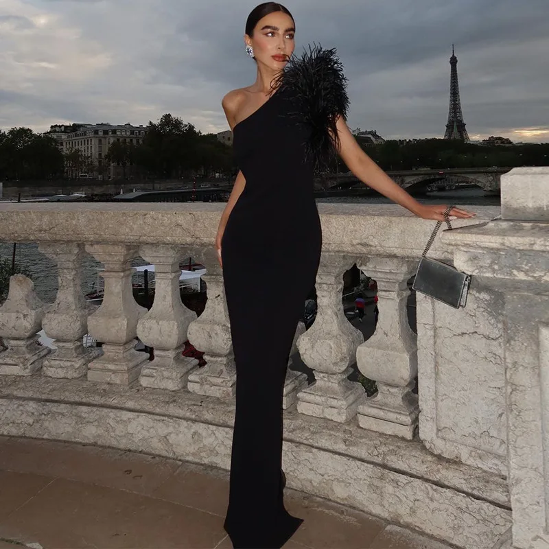 Black Sleeveless One Shoulder Maxi Dress For Women Bodycon Sexy Party Elegant Long Dress Birthday Evening Outfit Black Sleeveless One Shoulder Maxi Dress For Women Bodycon Sexy Party Elegant Long Dress Birthday Evening Outfit