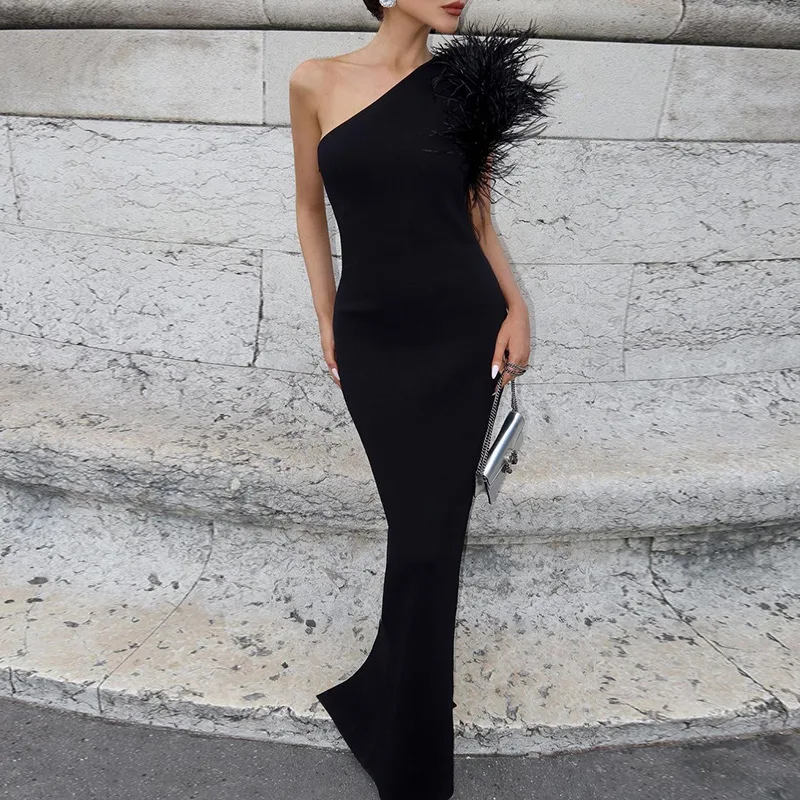 Black Sleeveless One Shoulder Maxi Dress For Women Bodycon Sexy Party Elegant Long Dress Birthday Evening Outfit Black Sleeveless One Shoulder Maxi Dress For Women Bodycon Sexy Party Elegant Long Dress Birthday Evening Outfit