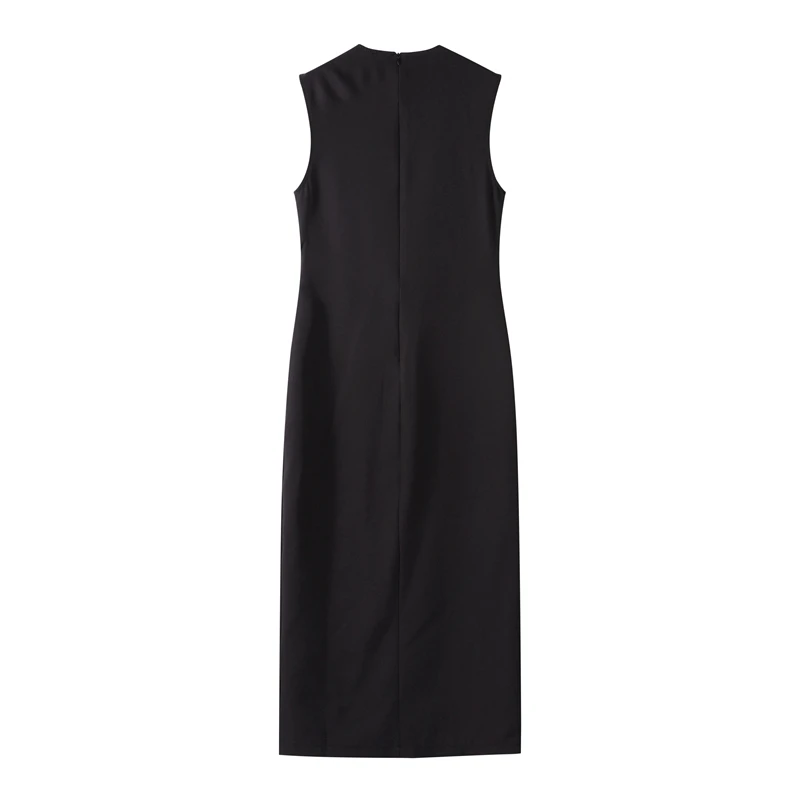 Black Elegant Long Dress With Belt Women Slim Single Breasted Front Split Sleeveless Female Dresses 2025 Summer Lady Vestido
