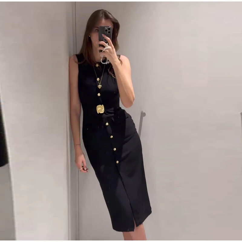 Black Elegant Long Dress With Belt Women Slim Single Breasted Front Split Sleeveless Female Dresses 2025 Summer Lady Vestido