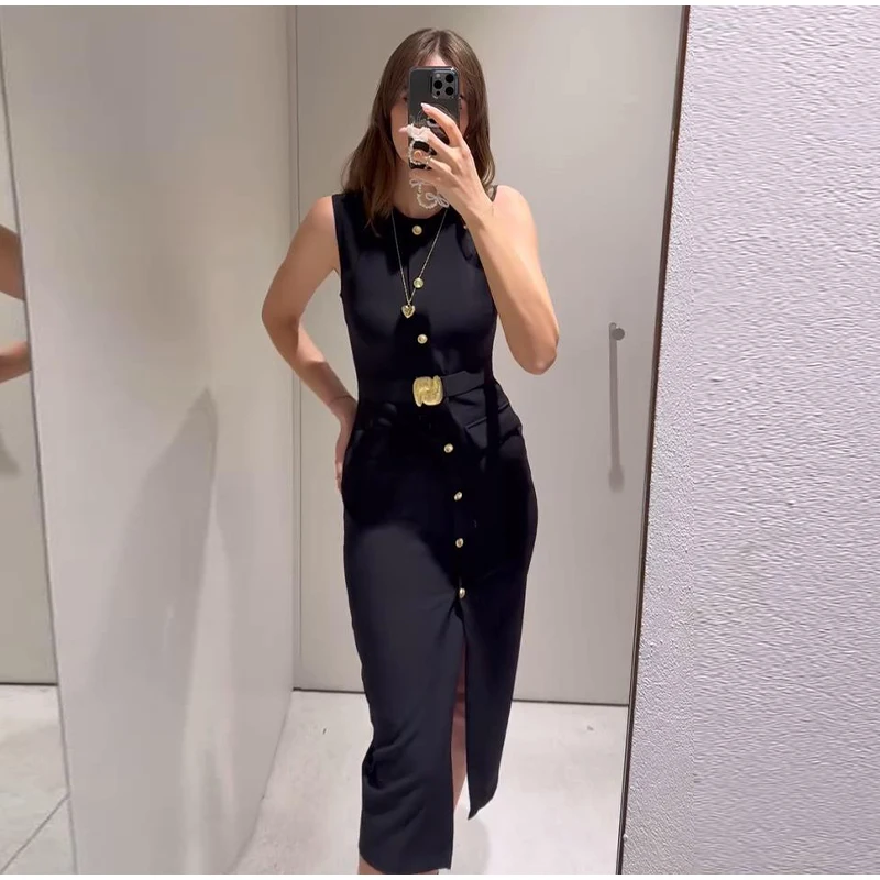 Black Elegant Long Dress With Belt Women Slim Single Breasted Front Split Sleeveless Female Dresses 2025 Summer Lady Vestido