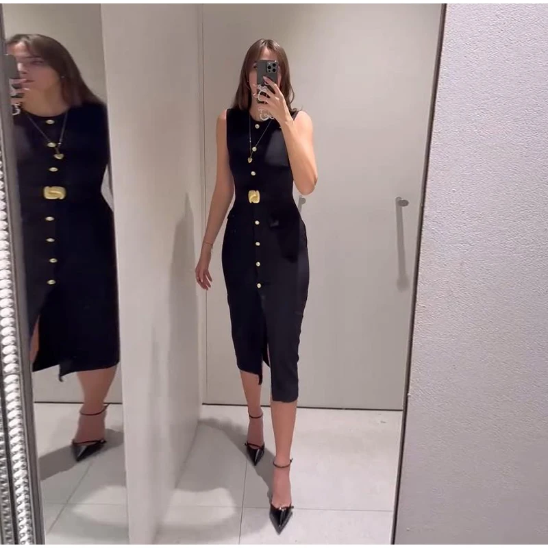 Black Elegant Long Dress With Belt Women Slim Single Breasted Front Split Sleeveless Female Dresses 2025 Summer Lady Vestido