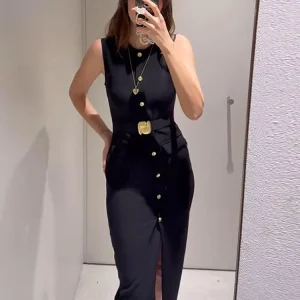 Black Elegant Long Dress With Belt Women Slim Single Breasted Front Split Sleeveless Female Dresses Summer Lady Vestido