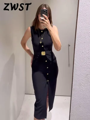 Black Slim Single Breasted Split Dress