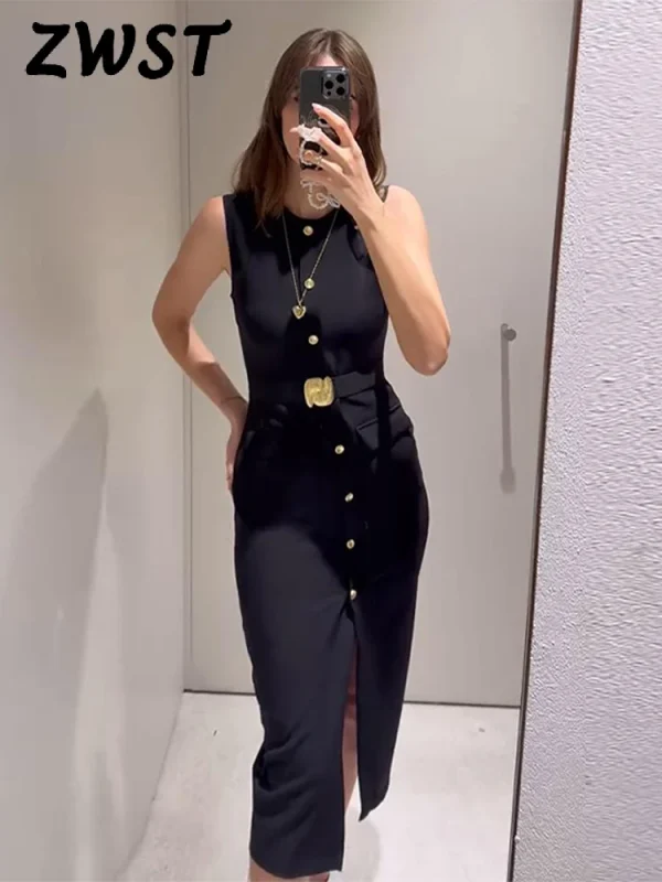 Black Elegant Long Dress With Belt Women Slim Single Breasted Front Split Sleeveless Female Dresses Summer Lady Vestido