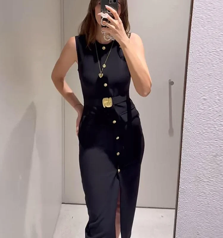 Black Slim Single Breasted Split Dress