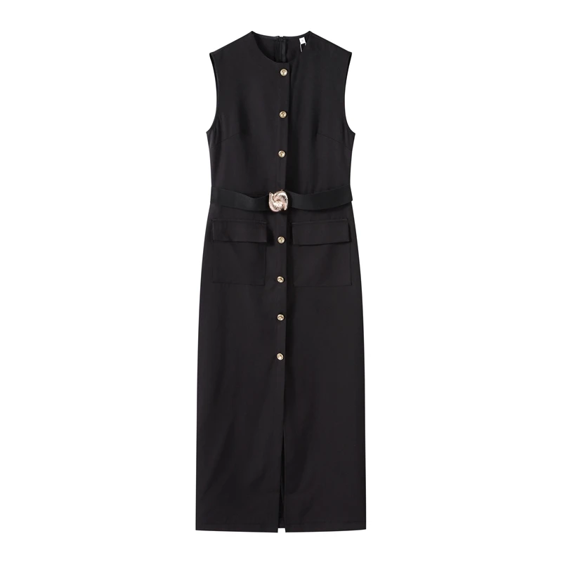 Black Elegant Long Dress With Belt Women Slim Single Breasted Front Split Sleeveless Female Dresses 2025 Summer Lady Vestido