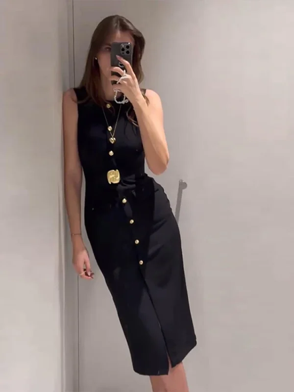 Black Elegant Long Dress With Belt Women Slim Single Breasted Front Split Sleeveless Female Dresses Summer Lady Vestido - Image 2