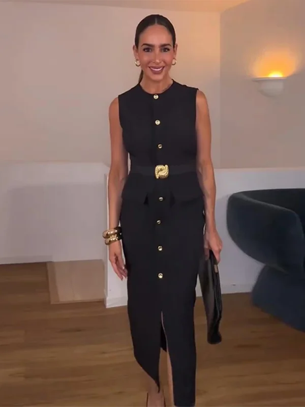 Black Elegant Long Dress With Belt Women Slim Single Breasted Front Split Sleeveless Female Dresses Summer Lady Vestido - Image 3