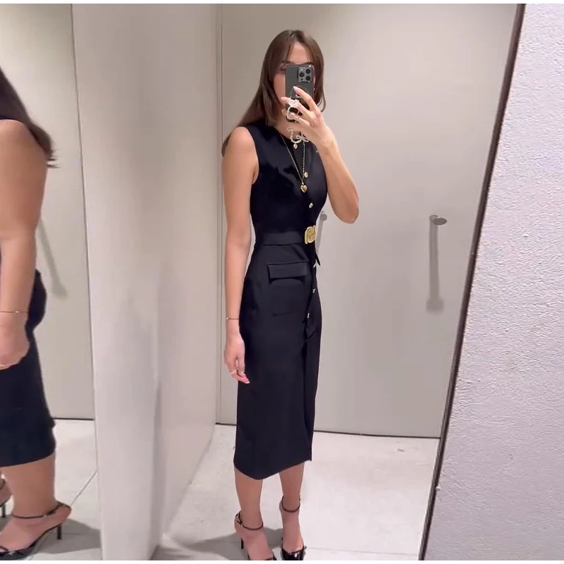 Black Elegant Long Dress With Belt Women Slim Single Breasted Front Split Sleeveless Female Dresses 2025 Summer Lady Vestido