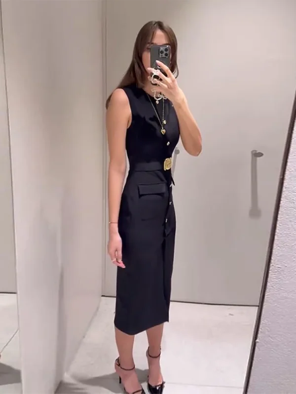 Black Elegant Long Dress With Belt Women Slim Single Breasted Front Split Sleeveless Female Dresses Summer Lady Vestido - Image 4