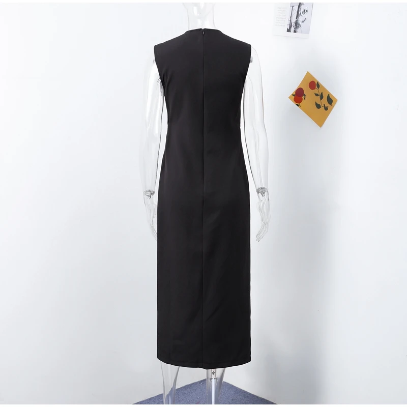 Black Elegant Long Dress With Belt Women Slim Single Breasted Front Split Sleeveless Female Dresses 2025 Summer Lady Vestido