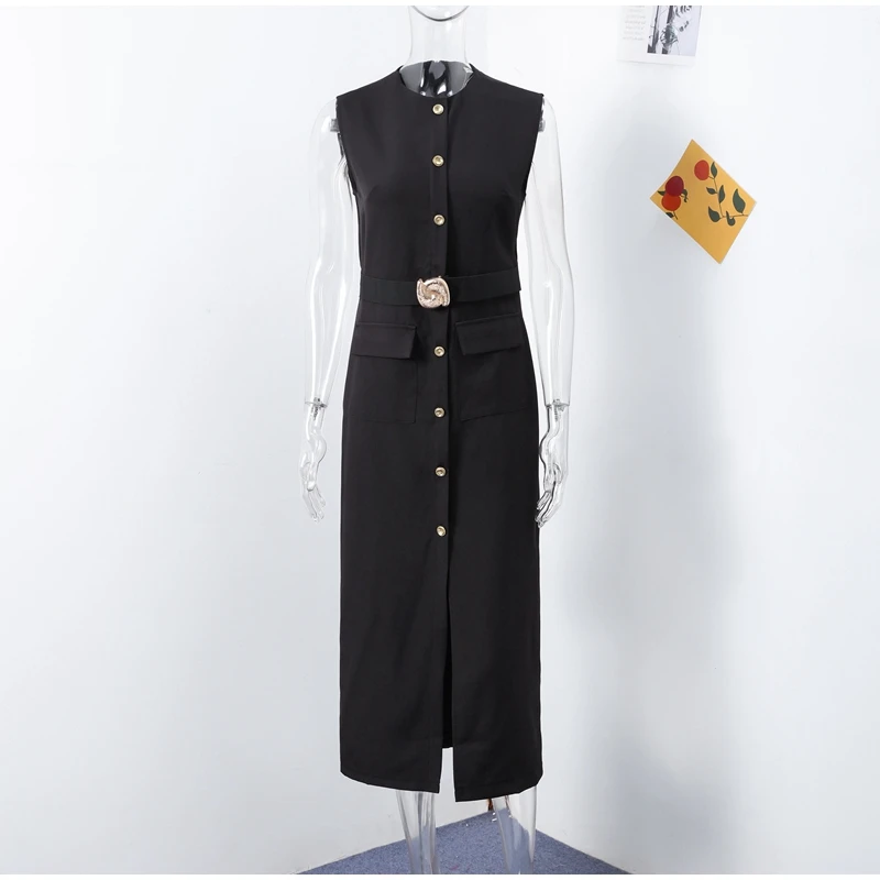 Black Elegant Long Dress With Belt Women Slim Single Breasted Front Split Sleeveless Female Dresses 2025 Summer Lady Vestido