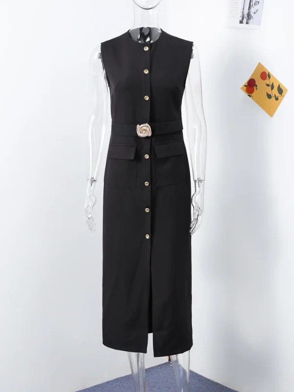 Black Elegant Long Dress With Belt Women Slim Single Breasted Front Split Sleeveless Female Dresses Summer Lady Vestido - Image 5
