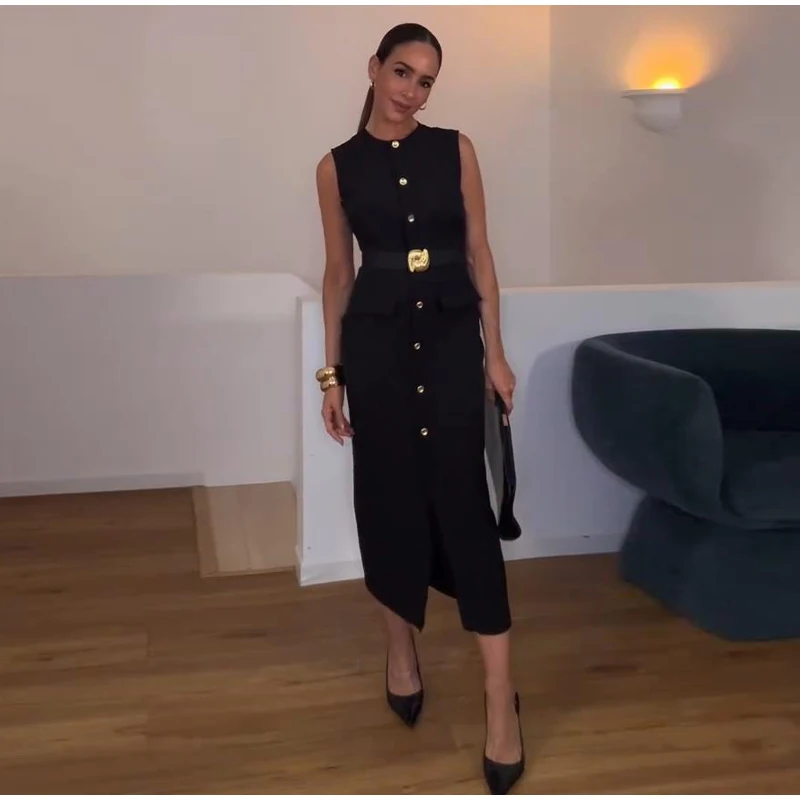 Black Elegant Long Dress With Belt Women Slim Single Breasted Front Split Sleeveless Female Dresses 2025 Summer Lady Vestido