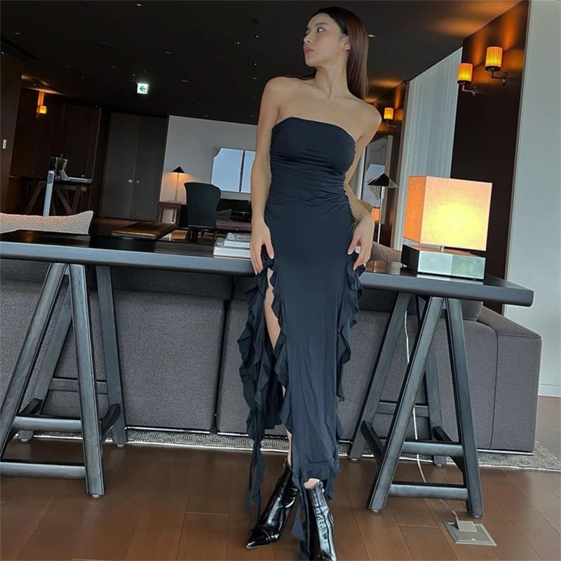2024 Summer Maxi Women's Dress Vintage Elegant black Fashion Sleeveless Slim Backless Irregular Tassel Party Dresses Street Robe 2024 Summer Maxi Women's Dress Vintage Elegant black Fashion Sleeveless Slim Backless Irregular Tassel Party Dresses Street Robe