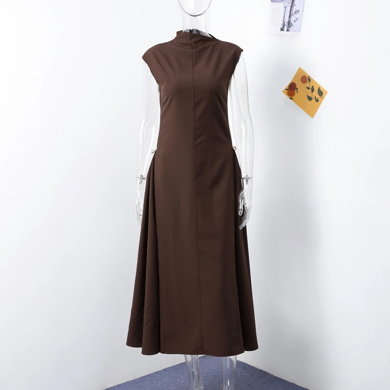 Elegant Black Long Dress Women Fashion High Collor Sleeveless Pleat Irregular Dresses 2025 Spring Summer Party Lady Evening Robe