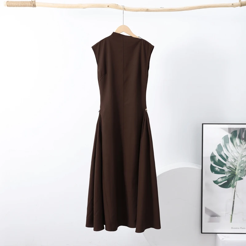 Elegant Black Long Dress Women Fashion High Collor Sleeveless Pleat Irregular Dresses 2025 Spring Summer Party Lady Evening Robe