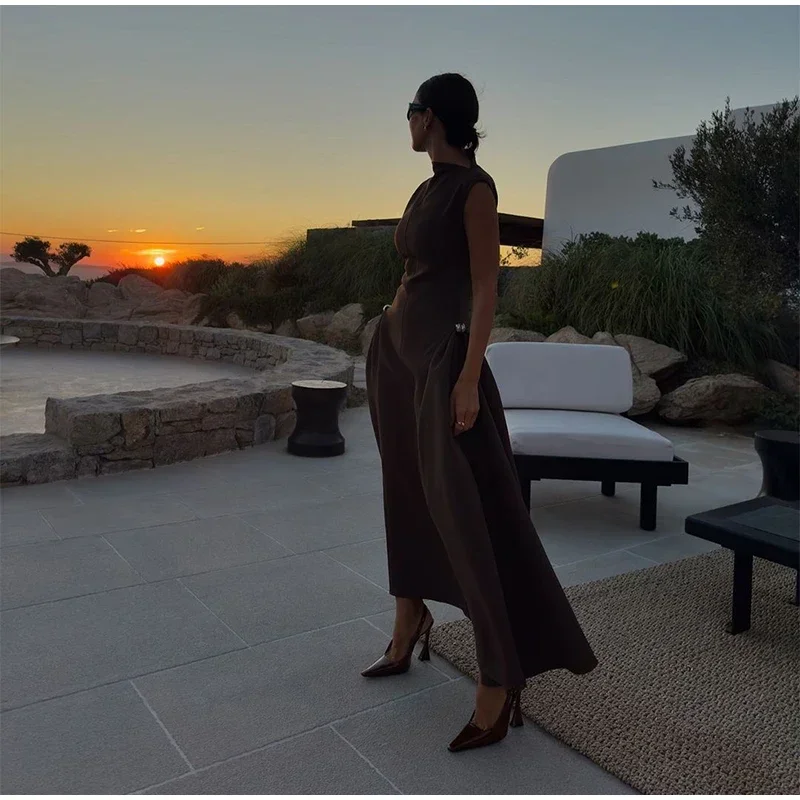 Elegant Black Long Dress Women Fashion High Collor Sleeveless Pleat Irregular Dresses 2025 Spring Summer Party Lady Evening Robe