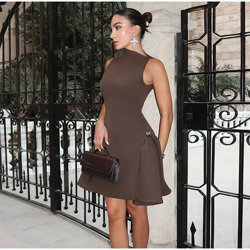 Elegant Black Long Dress Women Fashion High Collor Sleeveless Pleat Irregular Dresses 2025 Spring Summer Party Lady Evening Robe