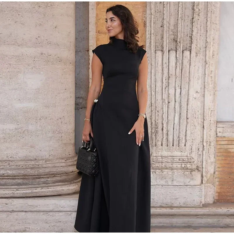 Elegant Black Long Dress Women Fashion High Collor Sleeveless Pleat Irregular Dresses 2025 Spring Summer Party Lady Evening Robe
