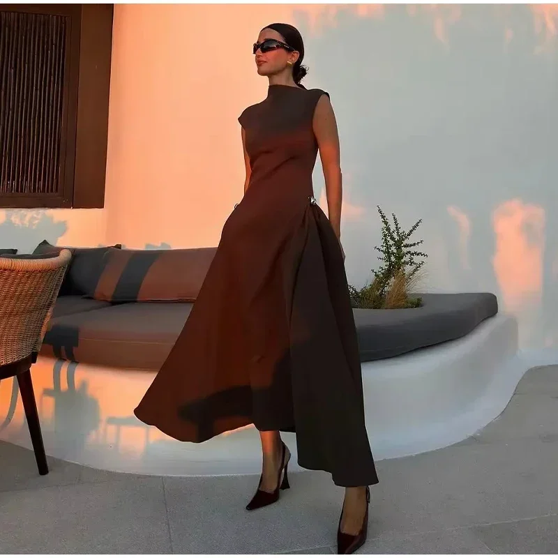 Elegant Black Long Dress Women Fashion High Collor Sleeveless Pleat Irregular Dresses 2025 Spring Summer Party Lady Evening Robe
