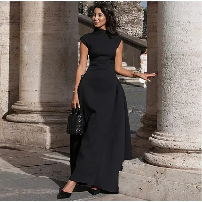 Elegant Black Long Dress Women Fashion High Collor Sleeveless Pleat Irregular Dresses 2025 Spring Summer Party Lady Evening Robe