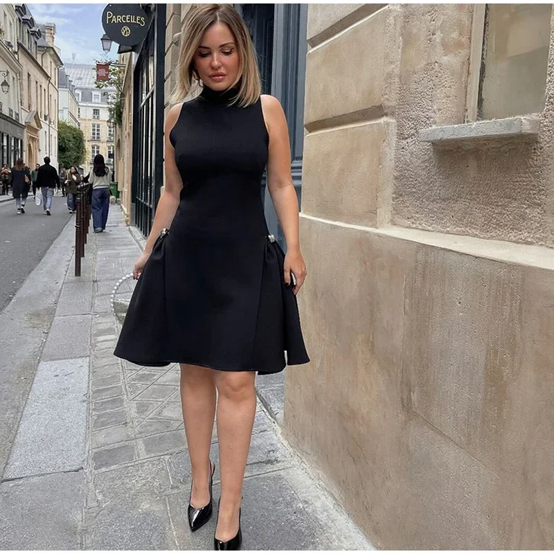 Elegant Black Long Dress Women Fashion High Collor Sleeveless Pleat Irregular Dresses 2025 Spring Summer Party Lady Evening Robe