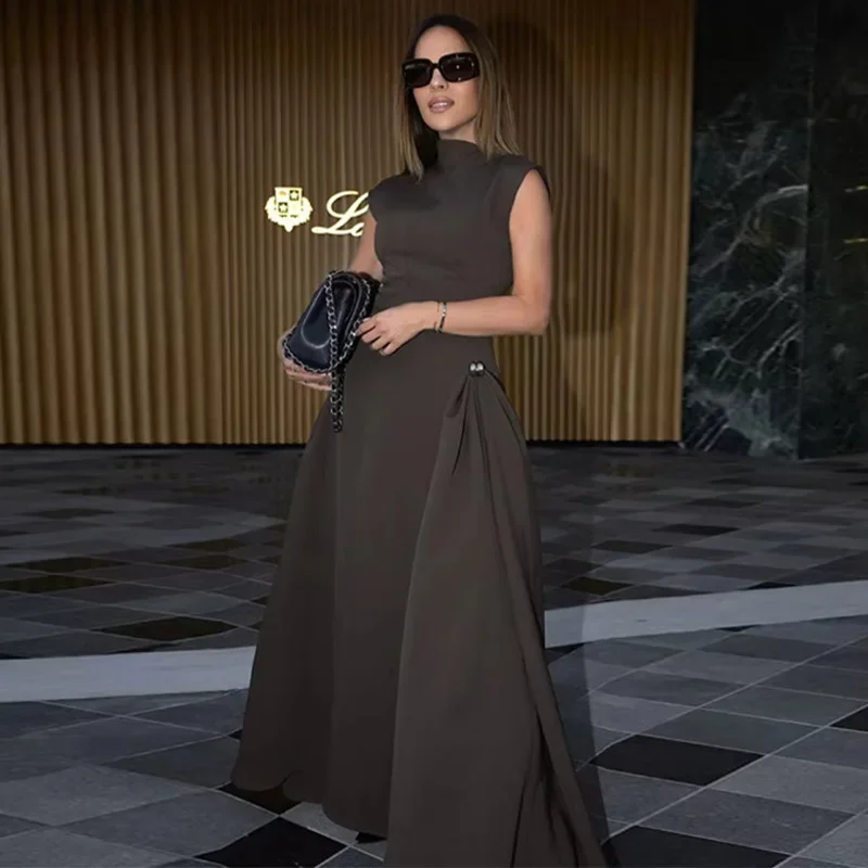 Elegant Black Long Dress Women Fashion High Collor Sleeveless Pleat Irregular Dresses 2025 Spring Summer Party Lady Evening Robe