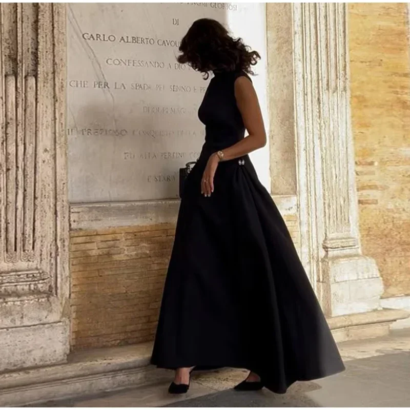 Elegant Black Long Dress Women Fashion High Collor Sleeveless Pleat Irregular Dresses 2025 Spring Summer Party Lady Evening Robe