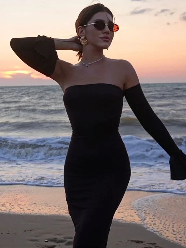 Black Off-Shoulder Ruffle Backless Long Dress - Image 2