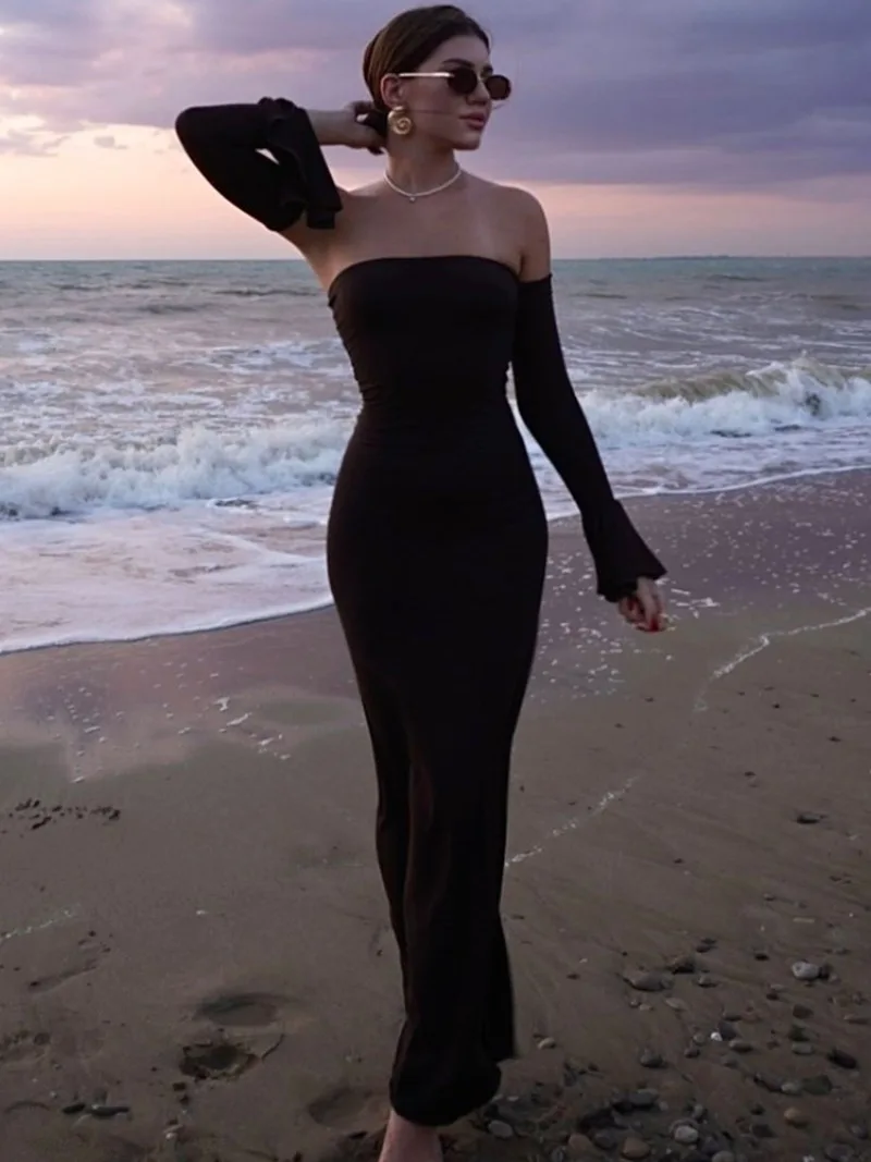 Trendix Black Elegant Evening Dress Women Sexy Off Shoulder Slim High Waist Tube Dresses Beach Party Ruffle Backless Long Dress