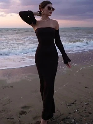Black Off-Shoulder Ruffle Backless Long Dress