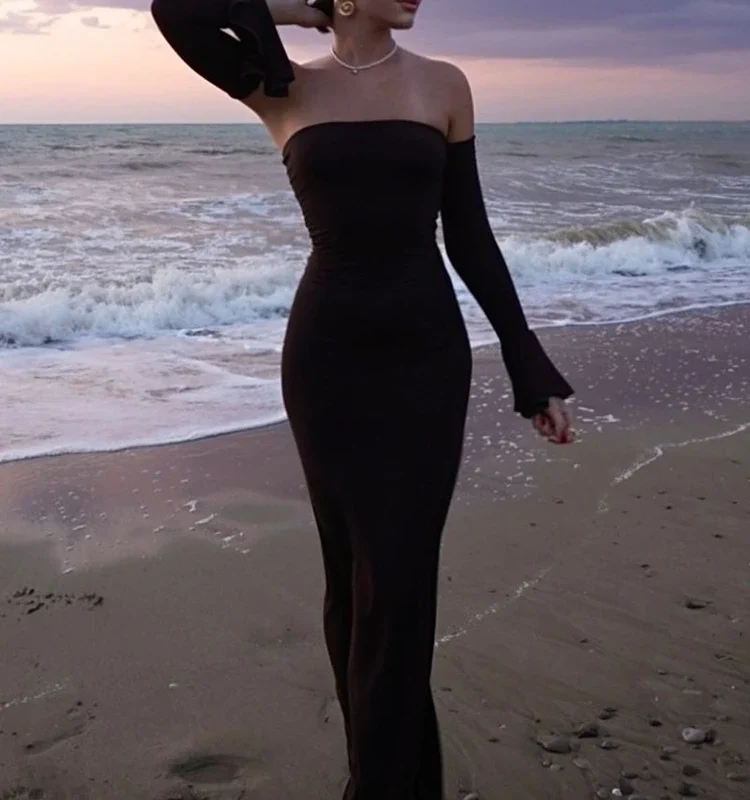 Black Off-Shoulder Ruffle Backless Long Dress