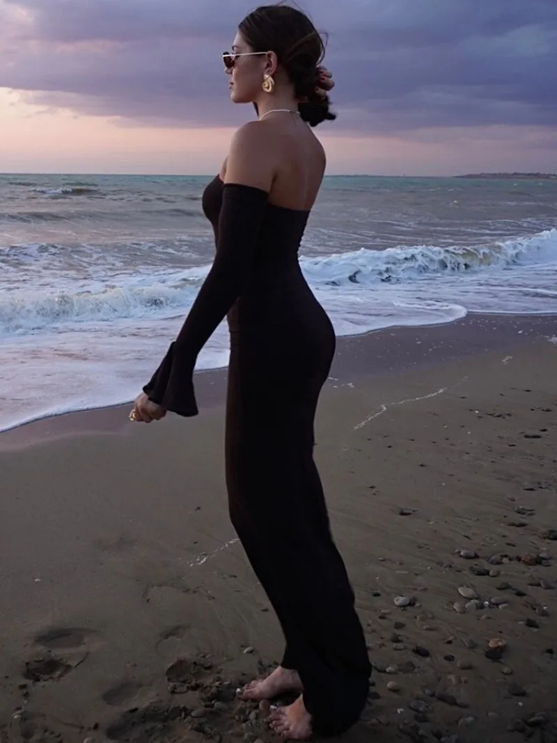 Trendix Black Elegant Evening Dress Women Sexy Off Shoulder Slim High Waist Tube Dresses Beach Party Ruffle Backless Long Dress
