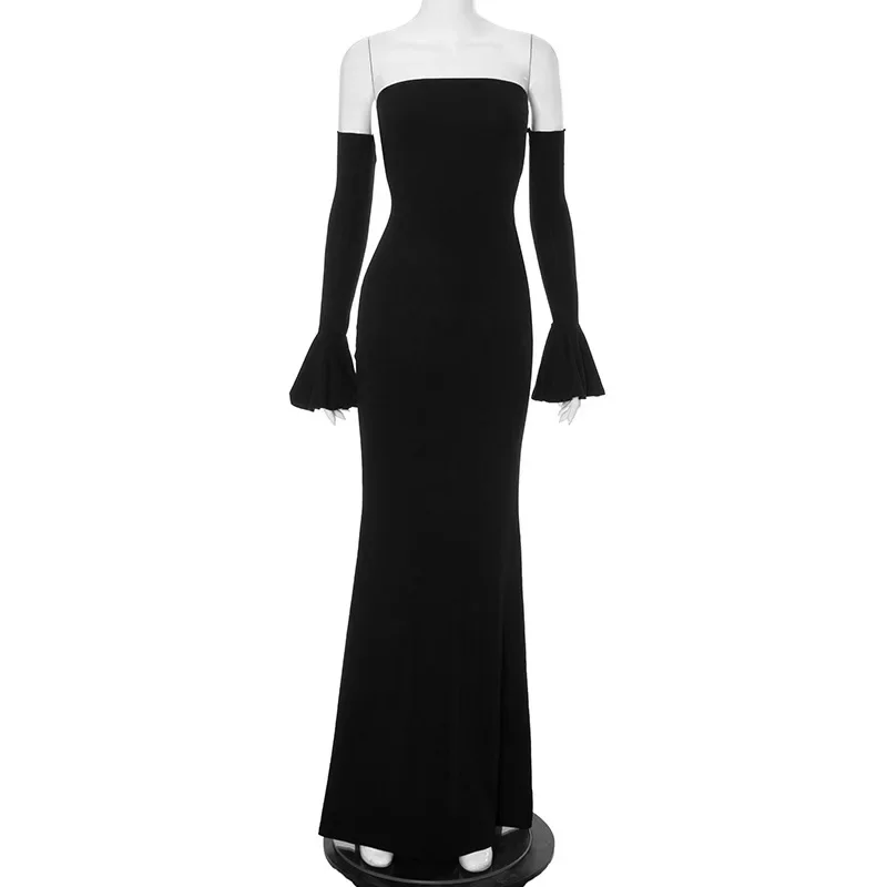 Trendix Black Elegant Evening Dress Women Sexy Off Shoulder Slim High Waist Tube Dresses Beach Party Ruffle Backless Long Dress
