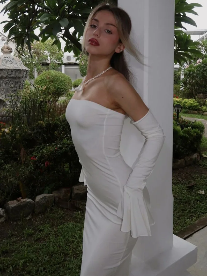 Trendix Black Elegant Evening Dress Women Sexy Off Shoulder Slim High Waist Tube Dresses Beach Party Ruffle Backless Long Dress