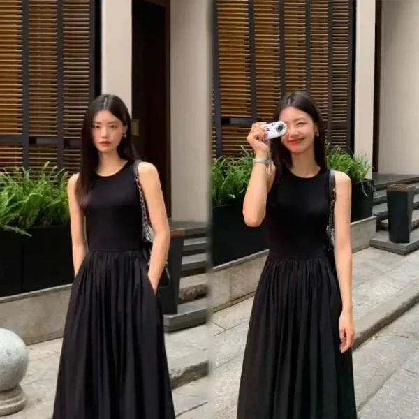 Simple Sleeveless High Waist Black Dress - Image 6