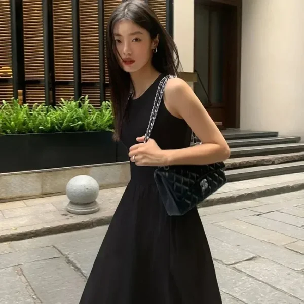 Simple Sleeveless High Waist Black Dress - Image 4