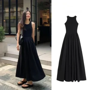 Simple Sleeveless High Waist Black Dress