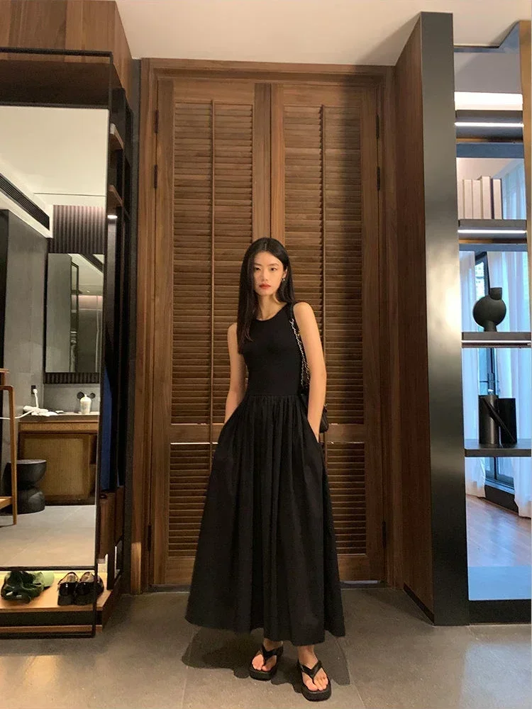  Summer New Round Neck SleevelessHigh Waist Temperament Female Fashion Style Dress Simple Elegant Black Long Dresses