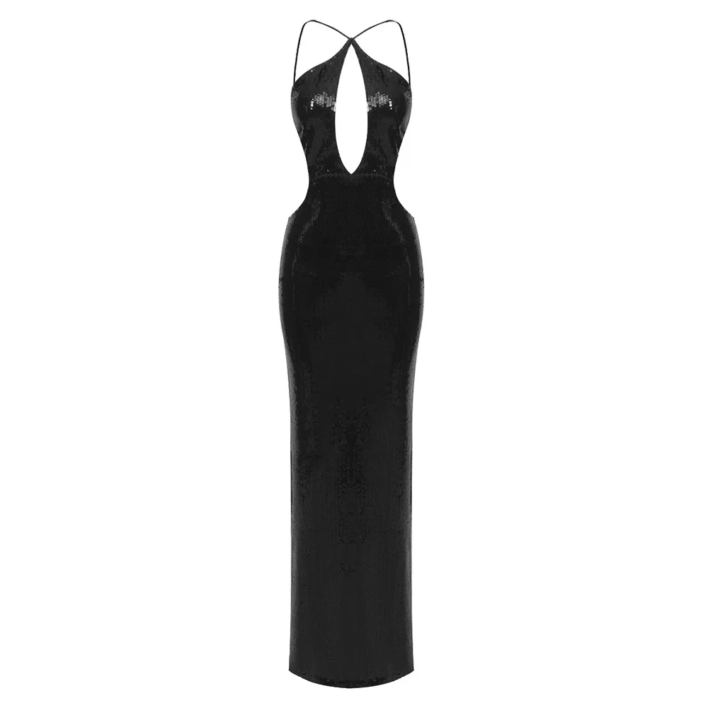 Women Summer Luxury Sexy Backless Halter Black Mesh Sequins Maxi Long Gowns Dress Elegant Sparkly Evening Party Club Dress Women Summer Luxury Sexy Backless Halter Black Mesh Sequins Maxi Long Gowns Dress Elegant Sparkly Evening Party Club Dress