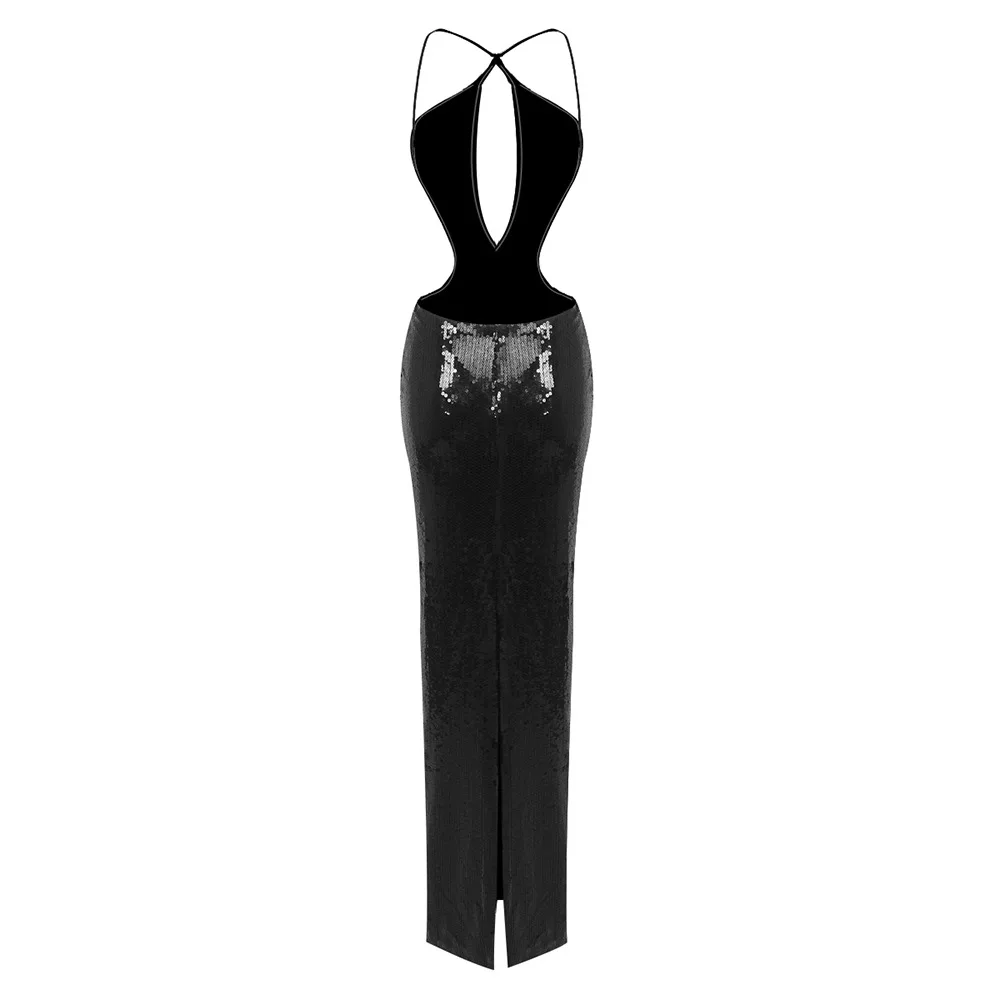 Women Summer Luxury Sexy Backless Halter Black Mesh Sequins Maxi Long Gowns Dress Elegant Sparkly Evening Party Club Dress Women Summer Luxury Sexy Backless Halter Black Mesh Sequins Maxi Long Gowns Dress Elegant Sparkly Evening Party Club Dress