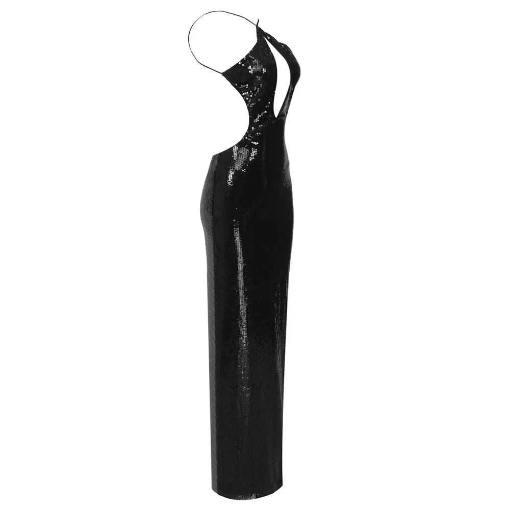 Women Summer Luxury Sexy Backless Halter Black Mesh Sequins Maxi Long Gowns Dress Elegant Sparkly Evening Party Club Dress Women Summer Luxury Sexy Backless Halter Black Mesh Sequins Maxi Long Gowns Dress Elegant Sparkly Evening Party Club Dress